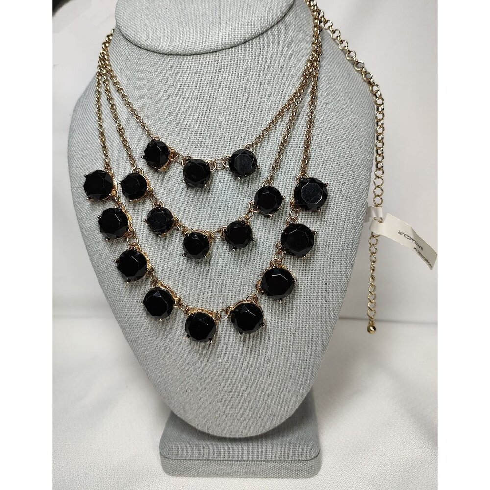 Nordstrom Gold-Tone Multi-Strand Faux Black Stones Statement Necklace NWT
